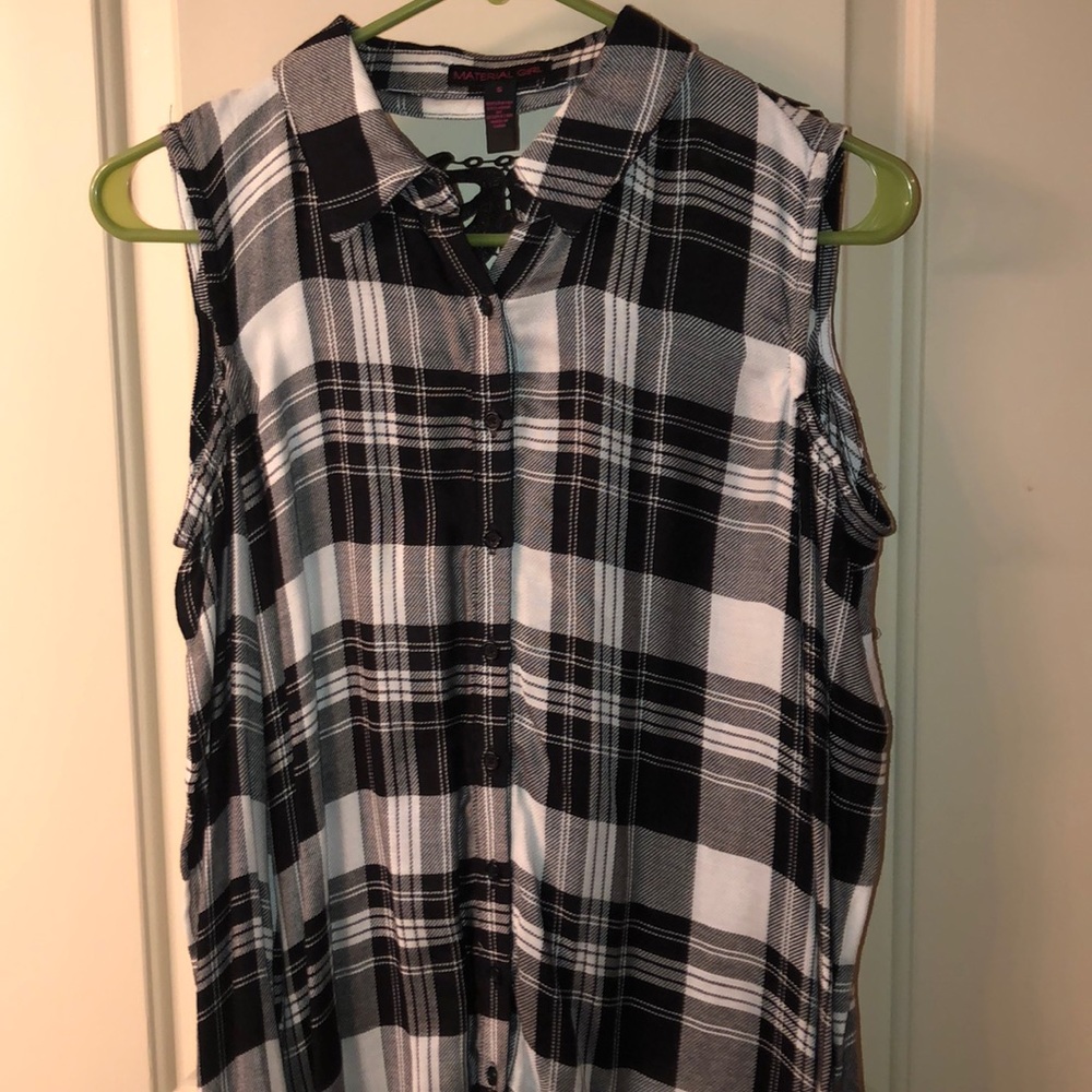 Plaid button down, off the shoulder cut out